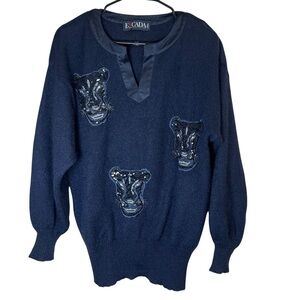 VTG ESCADA Margaretha Ley Navy Sequin Panther Lion Cat Sweater Mohair Sz 36 US 6